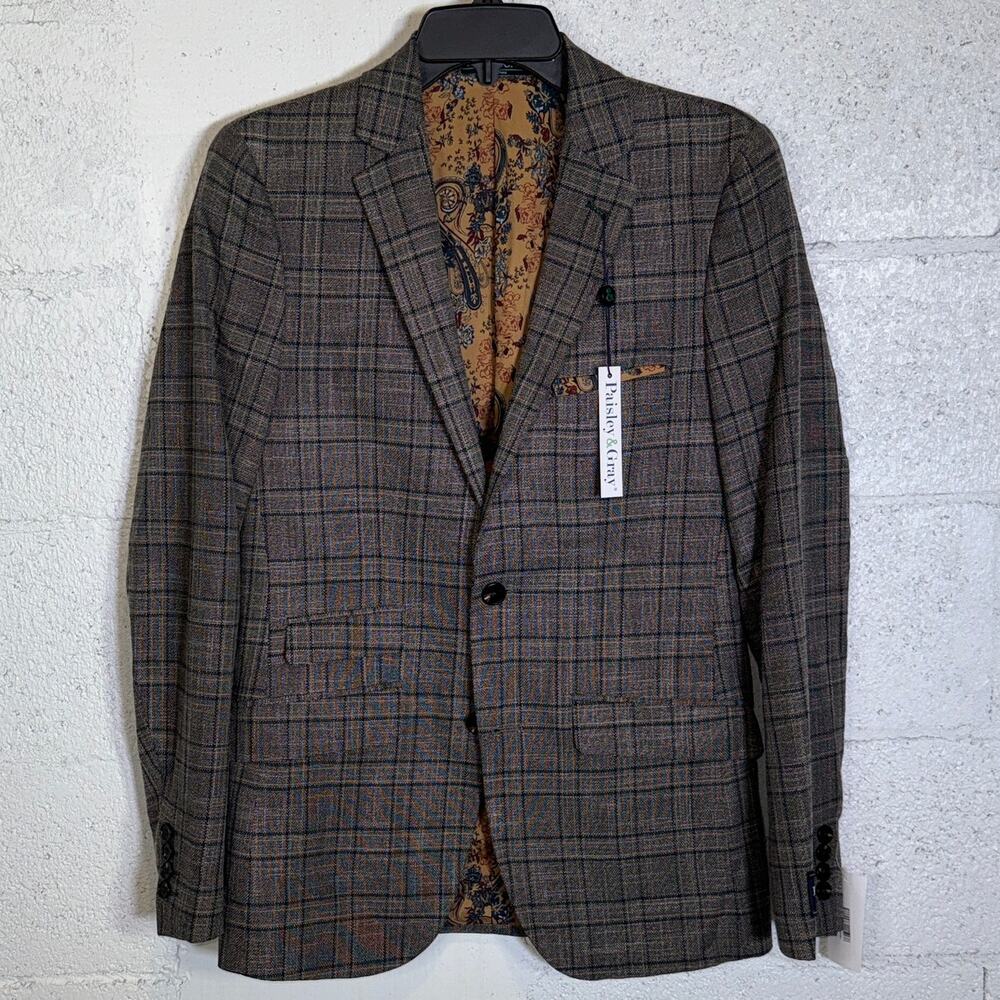 Paisley & Gray Mens Dover SlimFit Stretch Check Suit Jacket tan/forest 36R $250